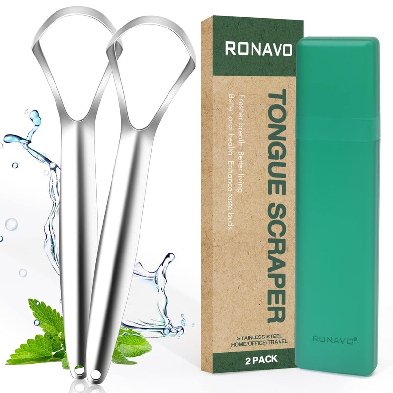 RONAVO كاشط اللسان (عبوة 2)، لعلاج رائحة الفم الكريهة، منظفات اللسان من الفولاذ المقاوم للصدأ، كاشطات اللسان المعدنية لرائحة نفس أكثر انتعاشًا في ثوانٍ - Image 1